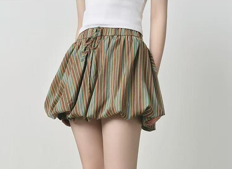 Drawstring Waist Striped Bubble Hem Mini A-Line Skirt / Long-Sleeve Crew Neck Dog Print T-Shirt