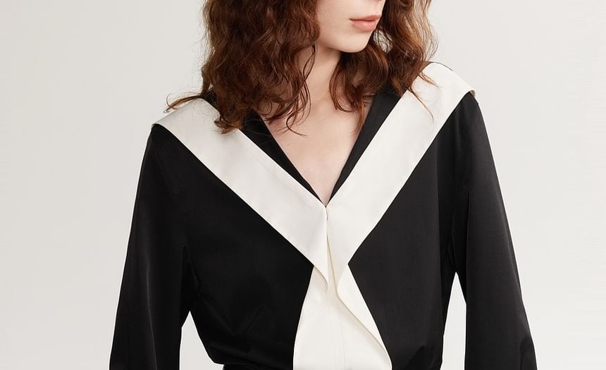 Long-Sleeve V-Neck Two Tone Blouse