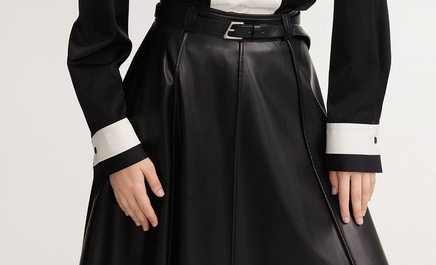 Long-Sleeve V-Neck Two Tone Blouse