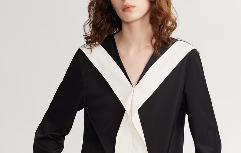 Long-Sleeve V-Neck Two Tone Blouse