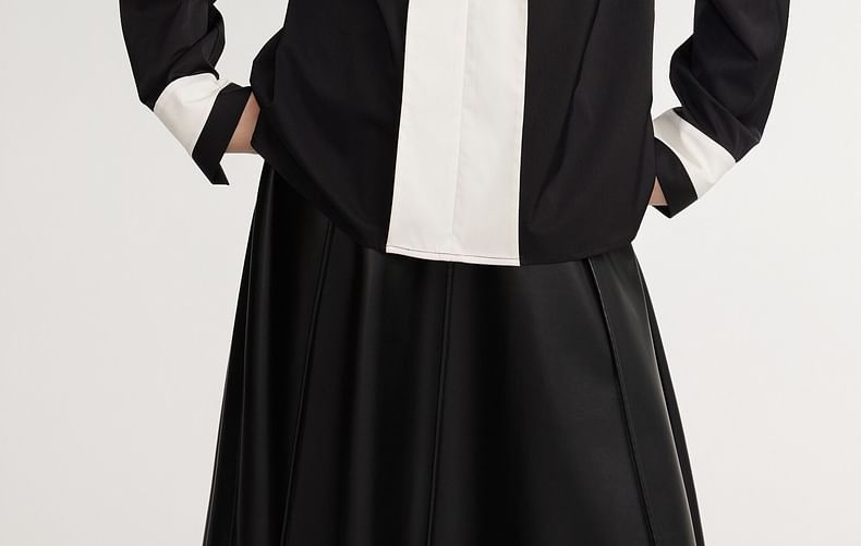 Long-Sleeve V-Neck Two Tone Blouse