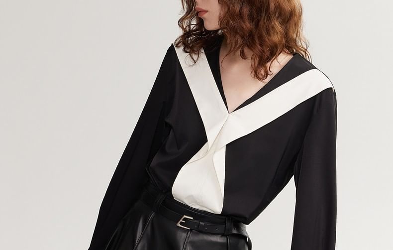 Long-Sleeve V-Neck Two Tone Blouse