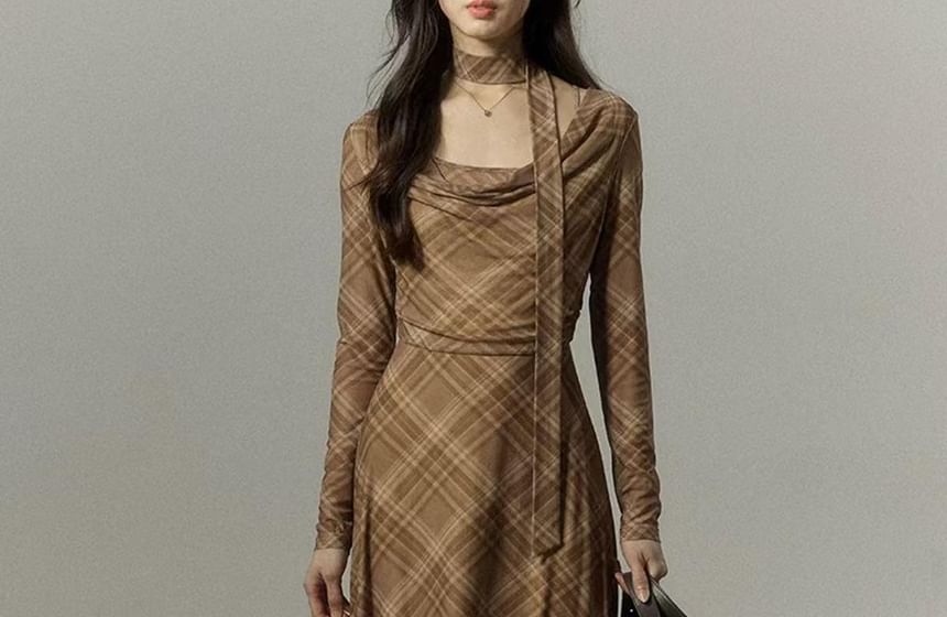 Long-Sleeve Cowl Neck Plaid Mesh Midi A-Line Dress