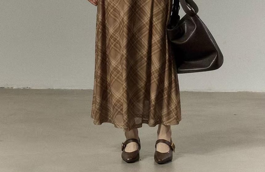 Long-Sleeve Cowl Neck Plaid Mesh Midi A-Line Dress