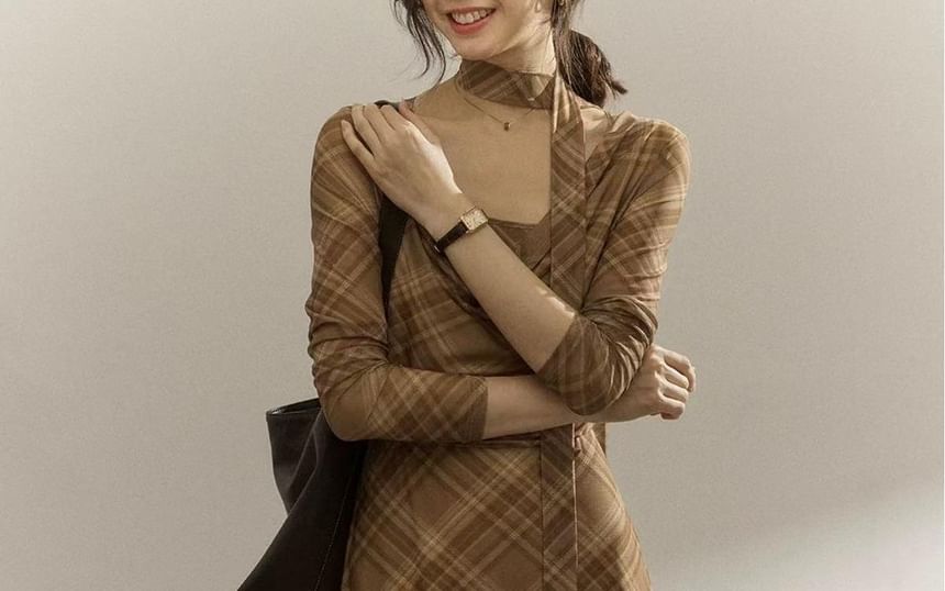 Long-Sleeve Cowl Neck Plaid Mesh Midi A-Line Dress