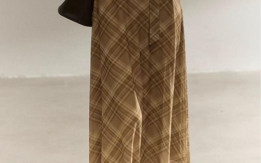 Long-Sleeve Cowl Neck Plaid Mesh Midi A-Line Dress