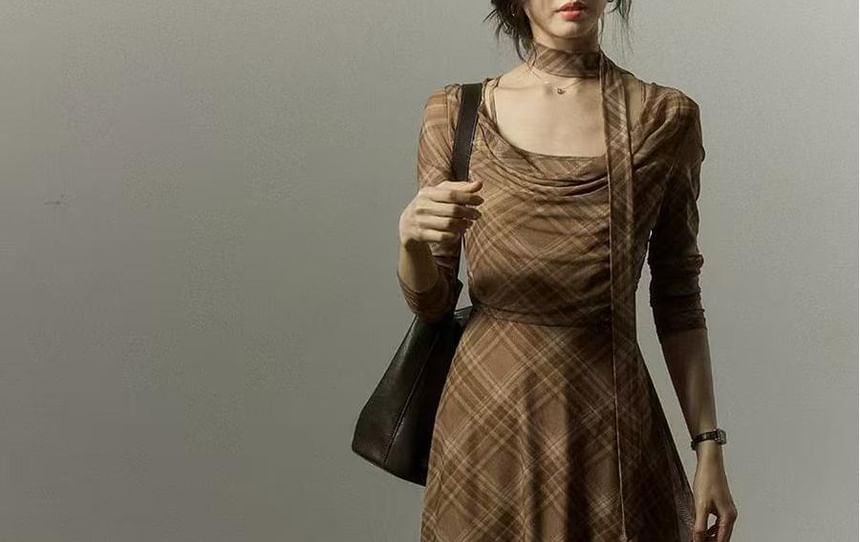 Long-Sleeve Cowl Neck Plaid Mesh Midi A-Line Dress