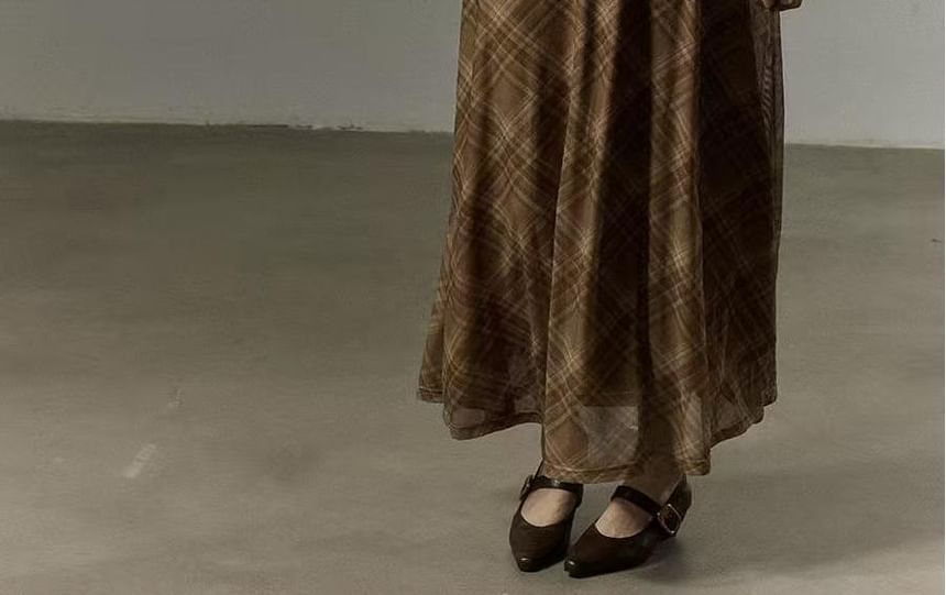 Long-Sleeve Cowl Neck Plaid Mesh Midi A-Line Dress