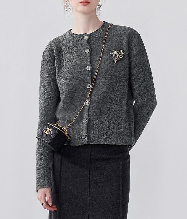 Round Neck Melange Heart Accent Cardigan