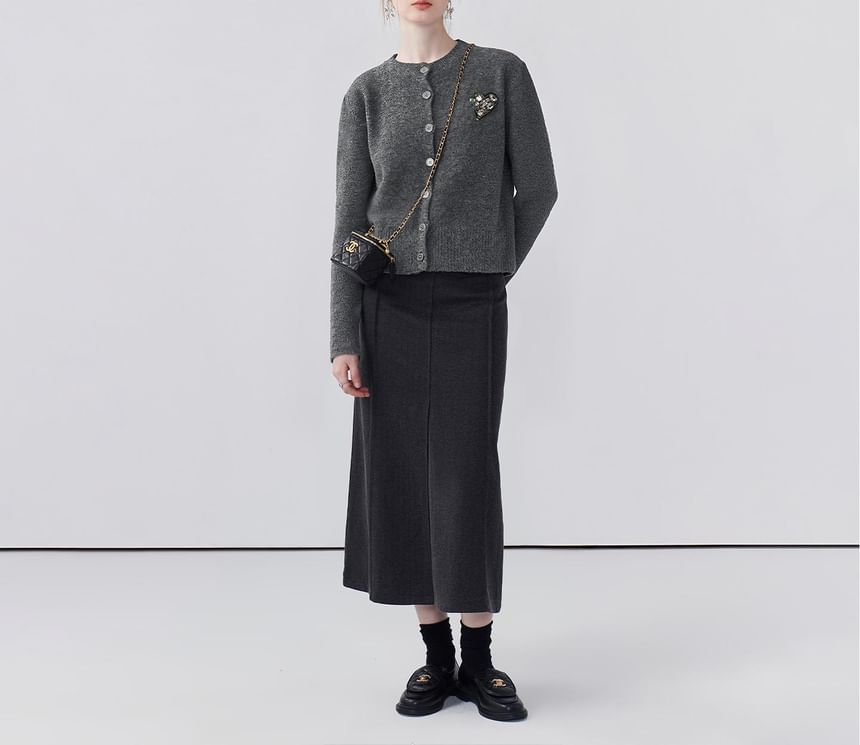 Round Neck Melange Heart Accent Cardigan