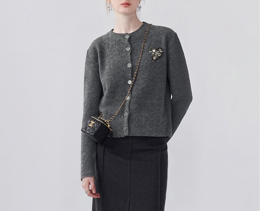 Round Neck Melange Heart Accent Cardigan