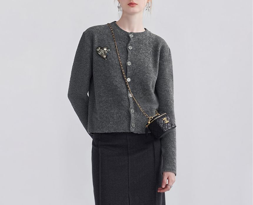 Round Neck Melange Heart Accent Cardigan