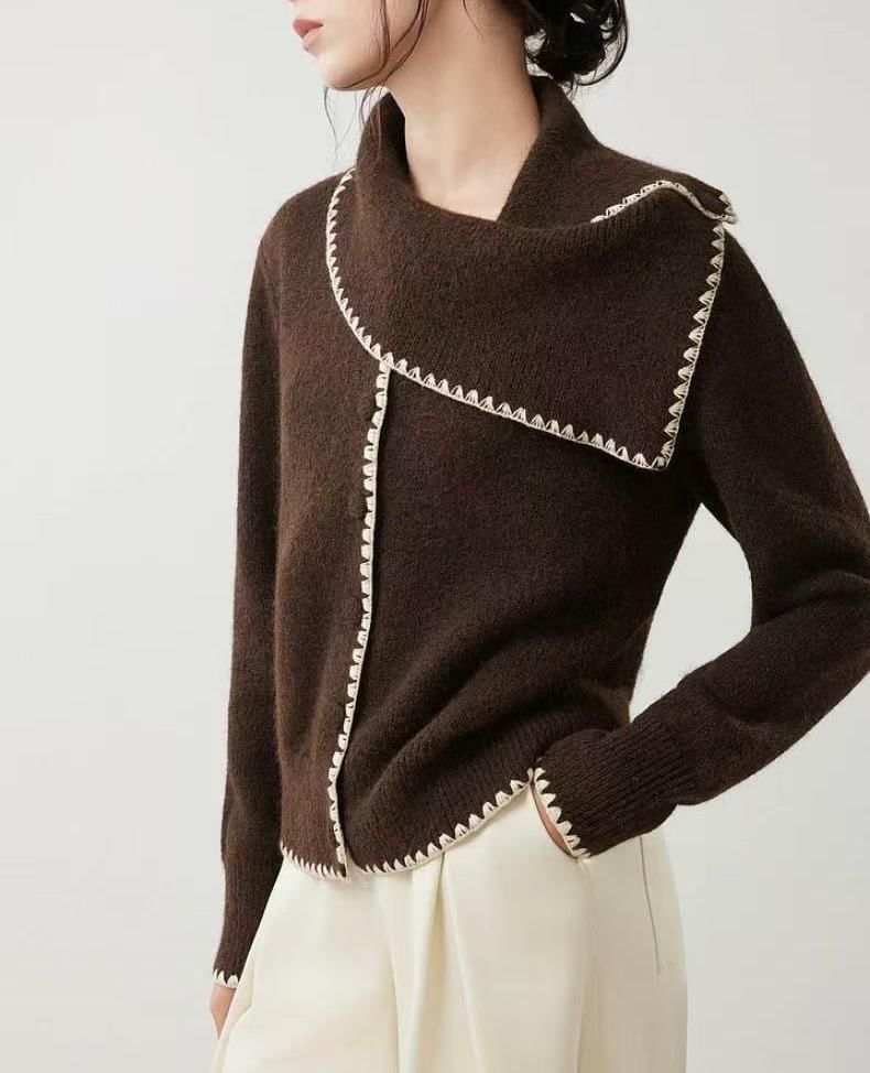 Long-Sleeve Collar Contrast Trim Knit Top