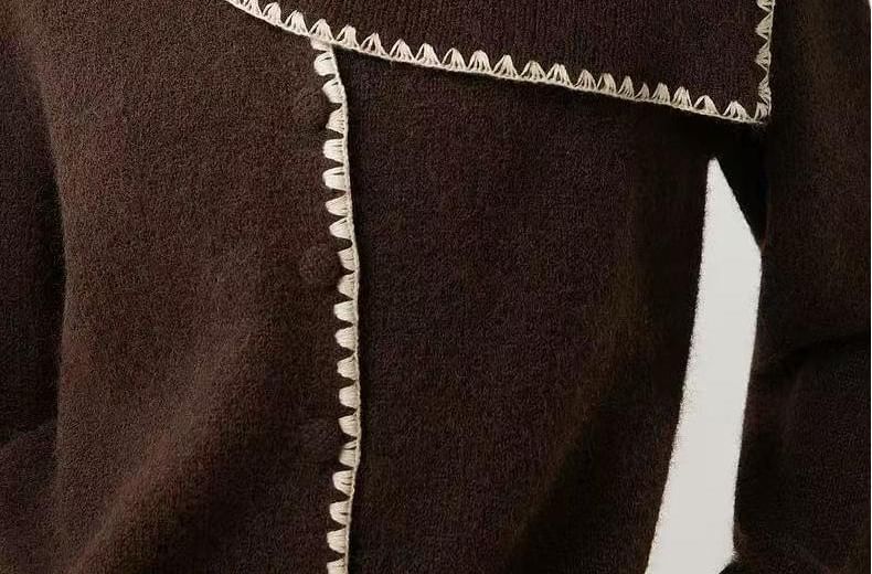 Long-Sleeve Collar Contrast Trim Knit Top