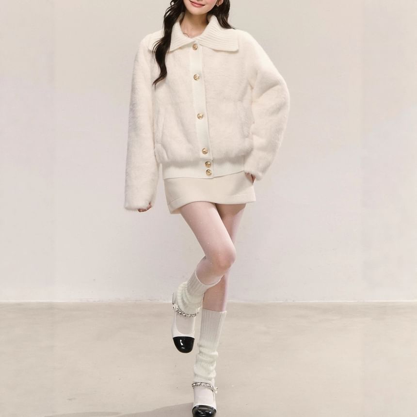 Collar Plain Fleece Button Jacket