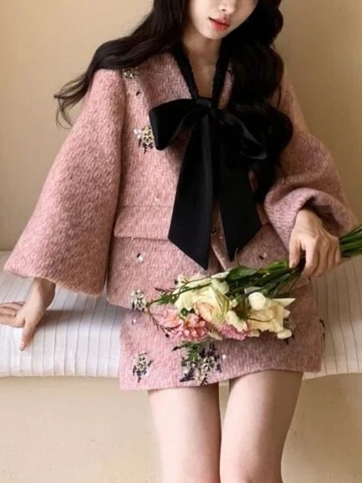 3/4-Sleeve Tie-Neck Floral Button Jacket / High Rise H-Line Skirt / Set (Various Designs)