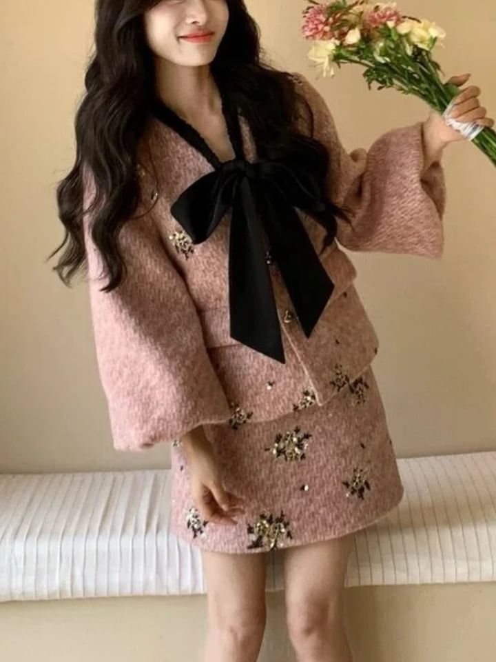 3/4-Sleeve Tie-Neck Floral Button Jacket / High Rise H-Line Skirt / Set (Various Designs)