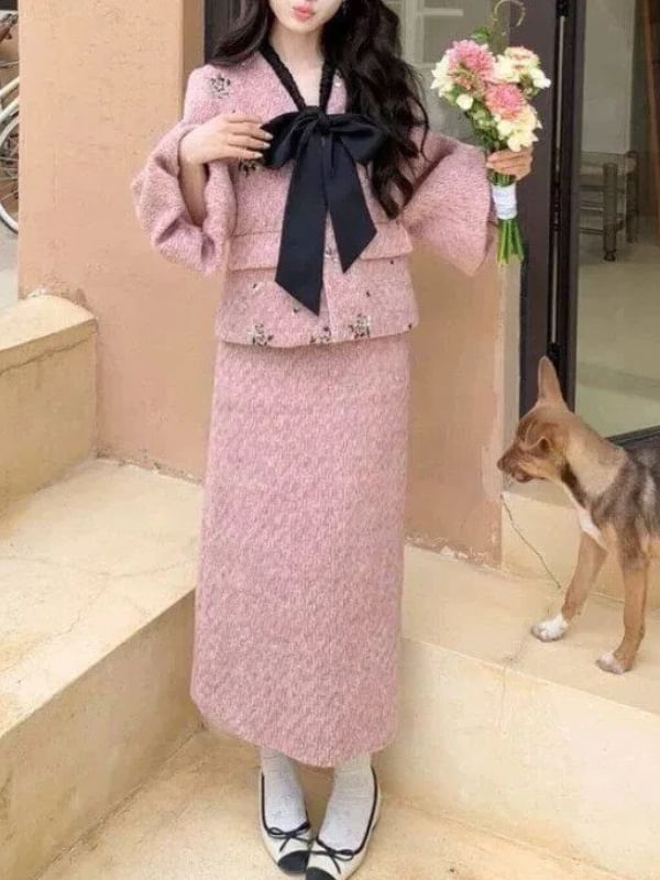 3/4-Sleeve Tie-Neck Floral Button Jacket / High Rise H-Line Skirt / Set (Various Designs)