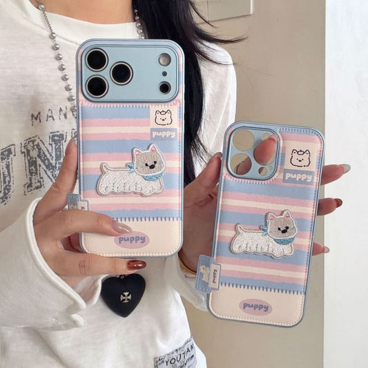 Dog Embroidered Striped Faux Leather Phone Case