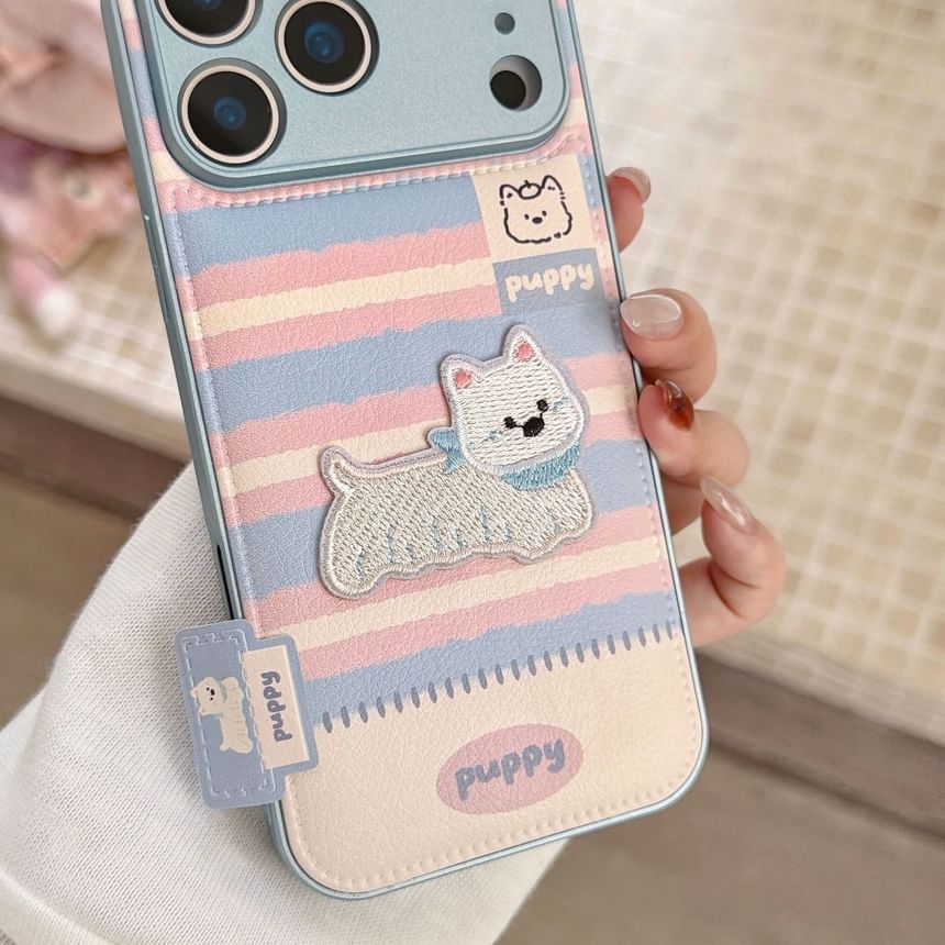 Dog Embroidered Striped Faux Leather Phone Case