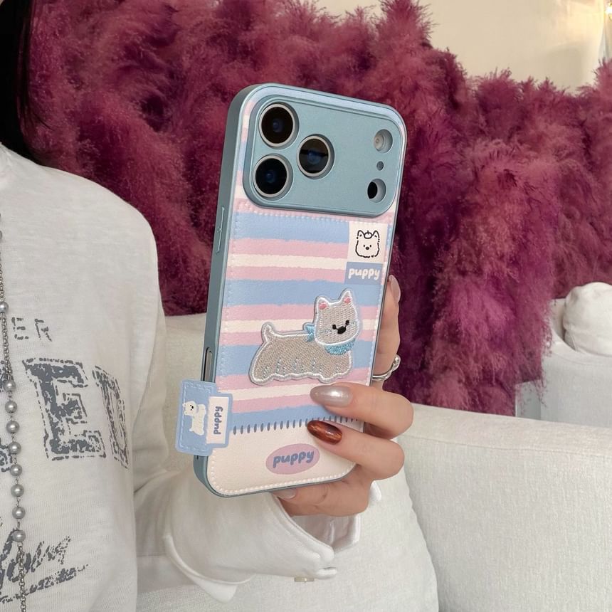 Dog Embroidered Striped Faux Leather Phone Case