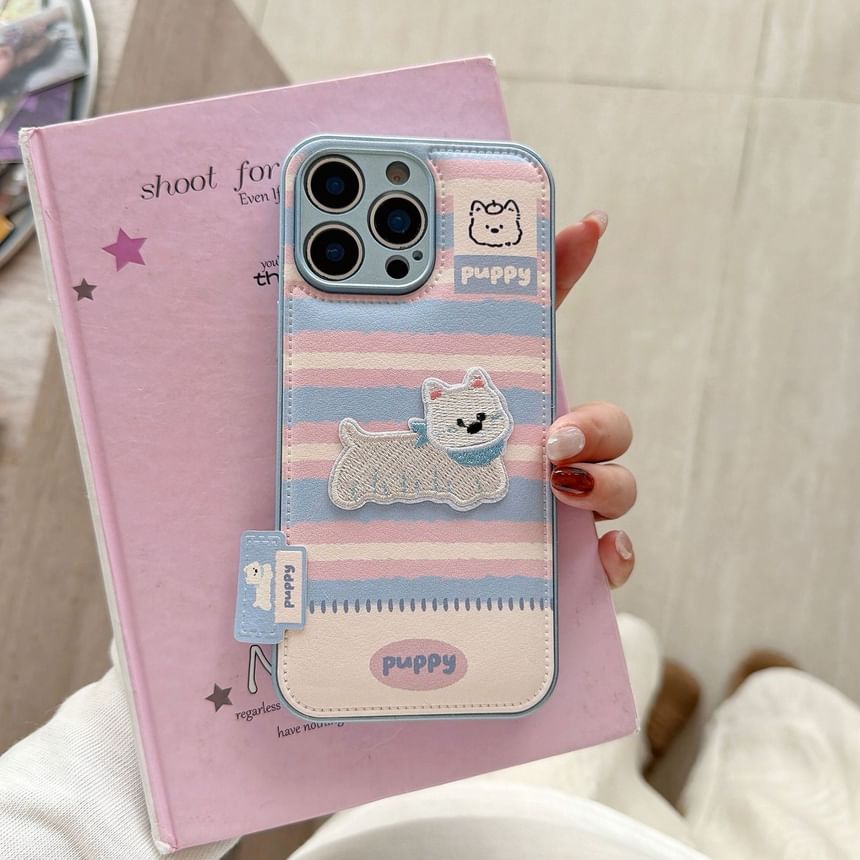 Dog Embroidered Striped Faux Leather Phone Case