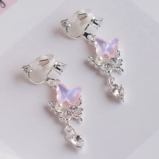 Faux Butterfly Rhinestone / Pearl Earring Drop Clip-On