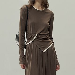 Long-Sleeve Crew Neck Contrast Trim Ruched Asymmetrical Knit Top