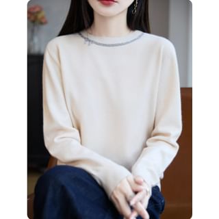 Long-Sleeve Crew Neck Rhinestone Accent Knit Top
