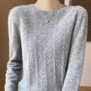 Long-Sleeve Crew Neck Plain Jacquard Knit Top