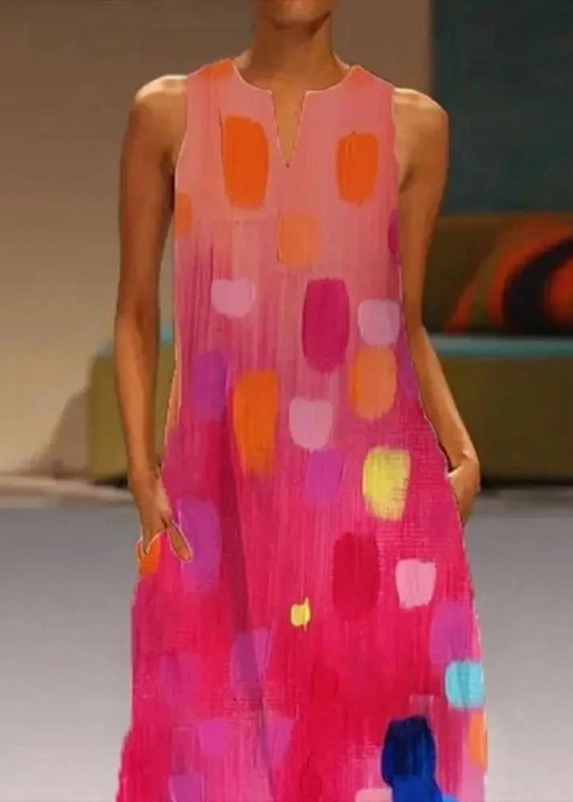 Robe longue rouge sans manches pour femme, col en V, imprimée
