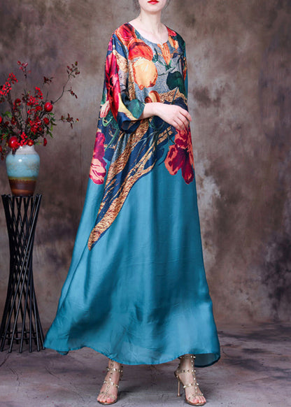 Lake Blue Pockets Print Silk Long Dresses O Neck Half Sleeve AA1030