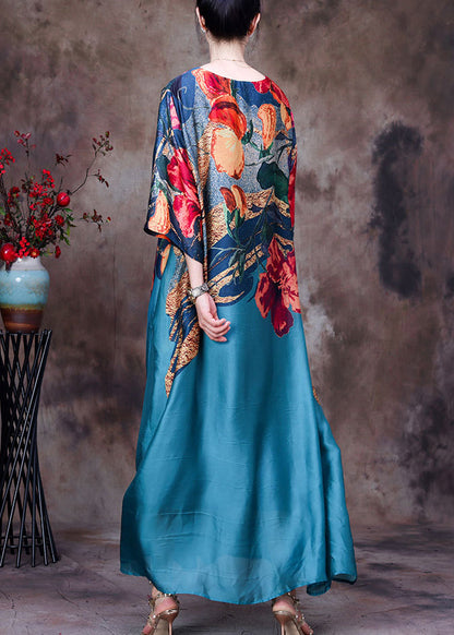 Lake Blue Pockets Print Silk Long Dresses O Neck Half Sleeve AA1030