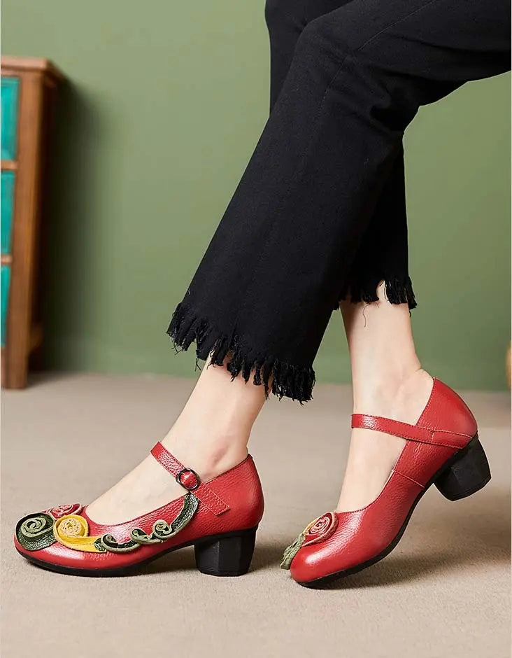 Leather Flowers Front Oriental Chunky Heels Ada Fashion