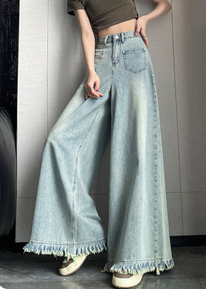 Light Blue Button Denim Wide Leg Pants Tasseled AW1006