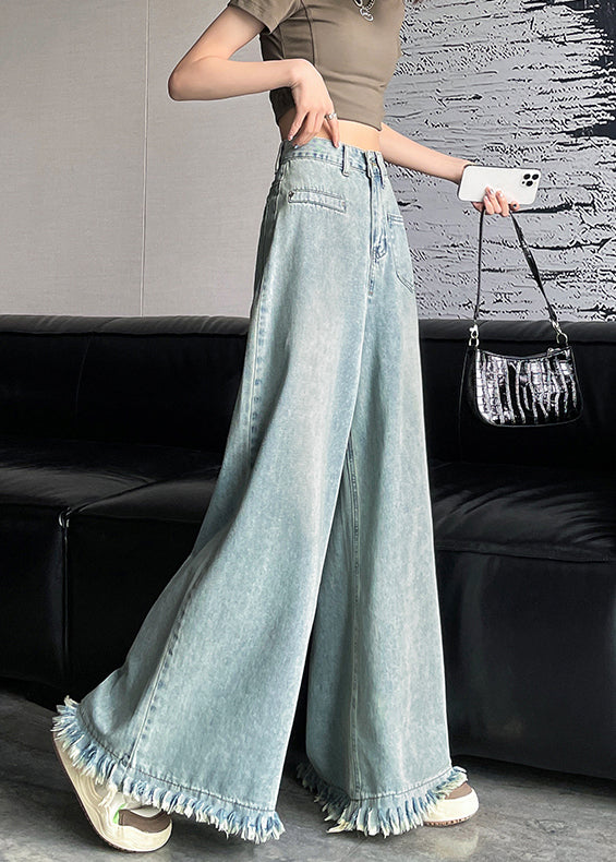 Light Blue Button Denim Wide Leg Pants Tasseled AW1006