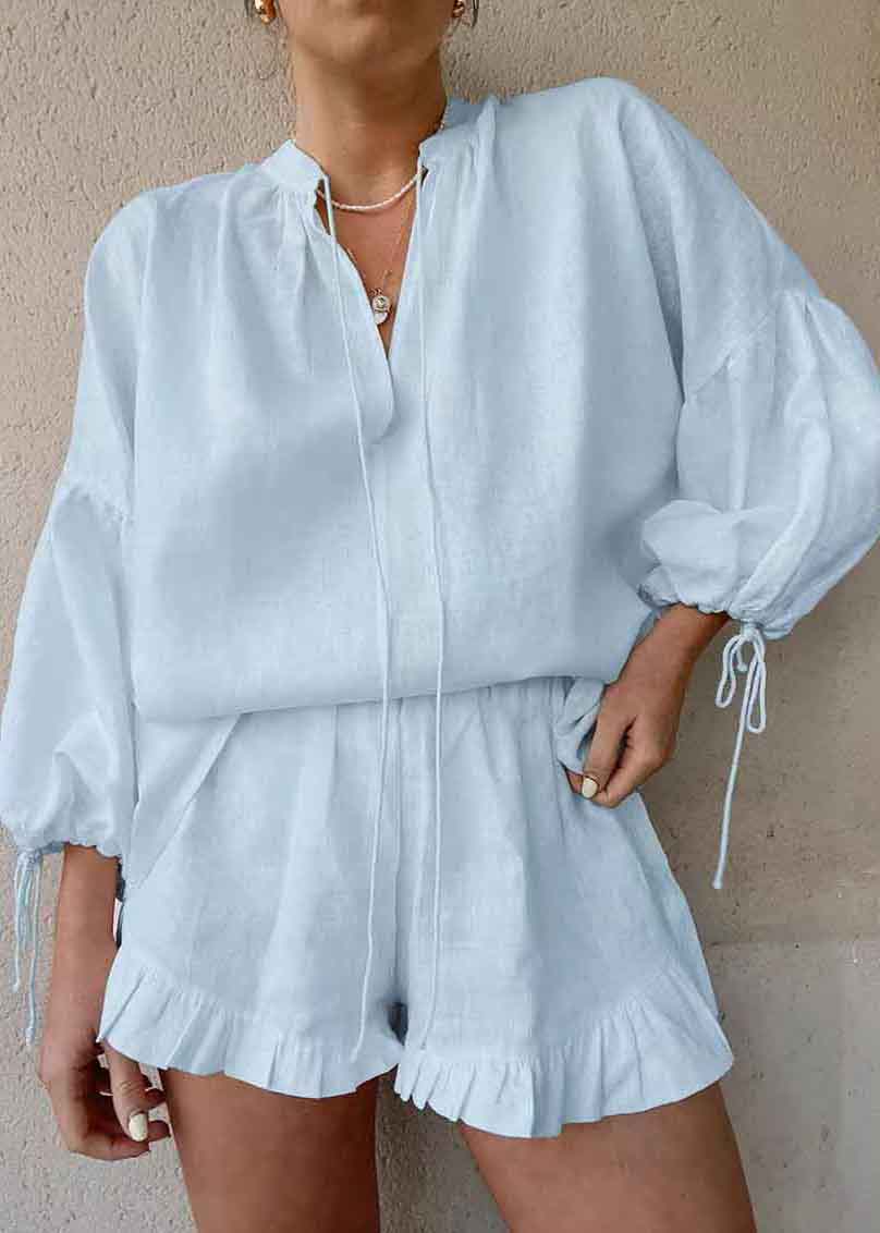 Cotton Suit Shirts Blue And Summer Up Shorts Lace Light Piece Two