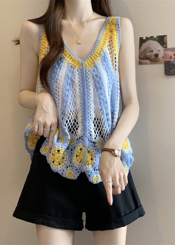 Haut bleu clair en tricot creux sans manches