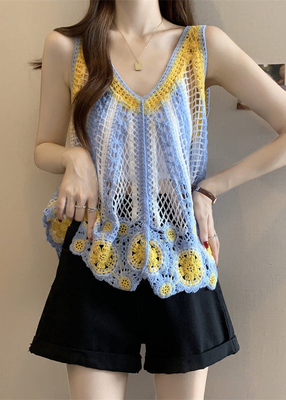 Haut bleu clair en tricot creux sans manches