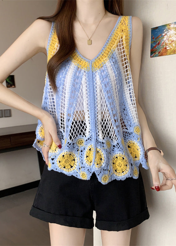 Haut bleu clair en tricot creux sans manches