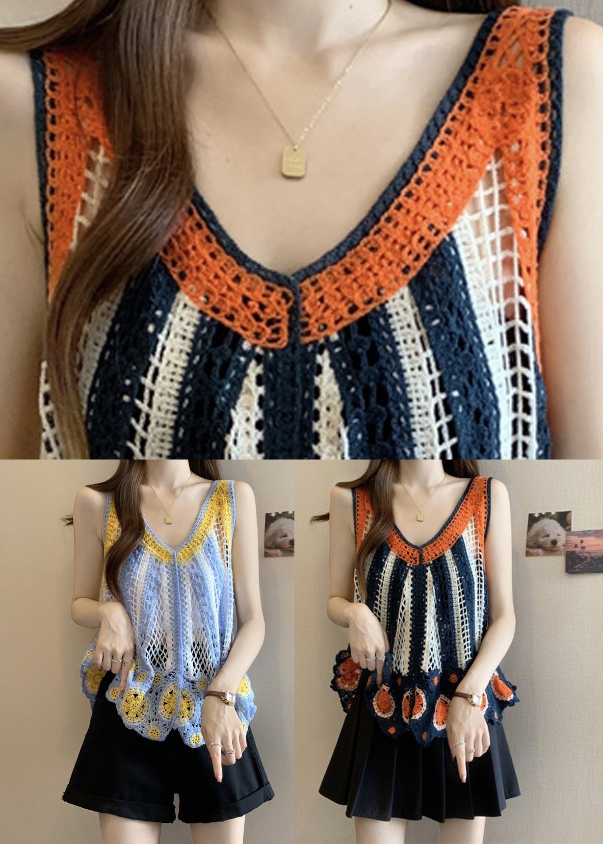 Haut bleu clair en tricot creux sans manches