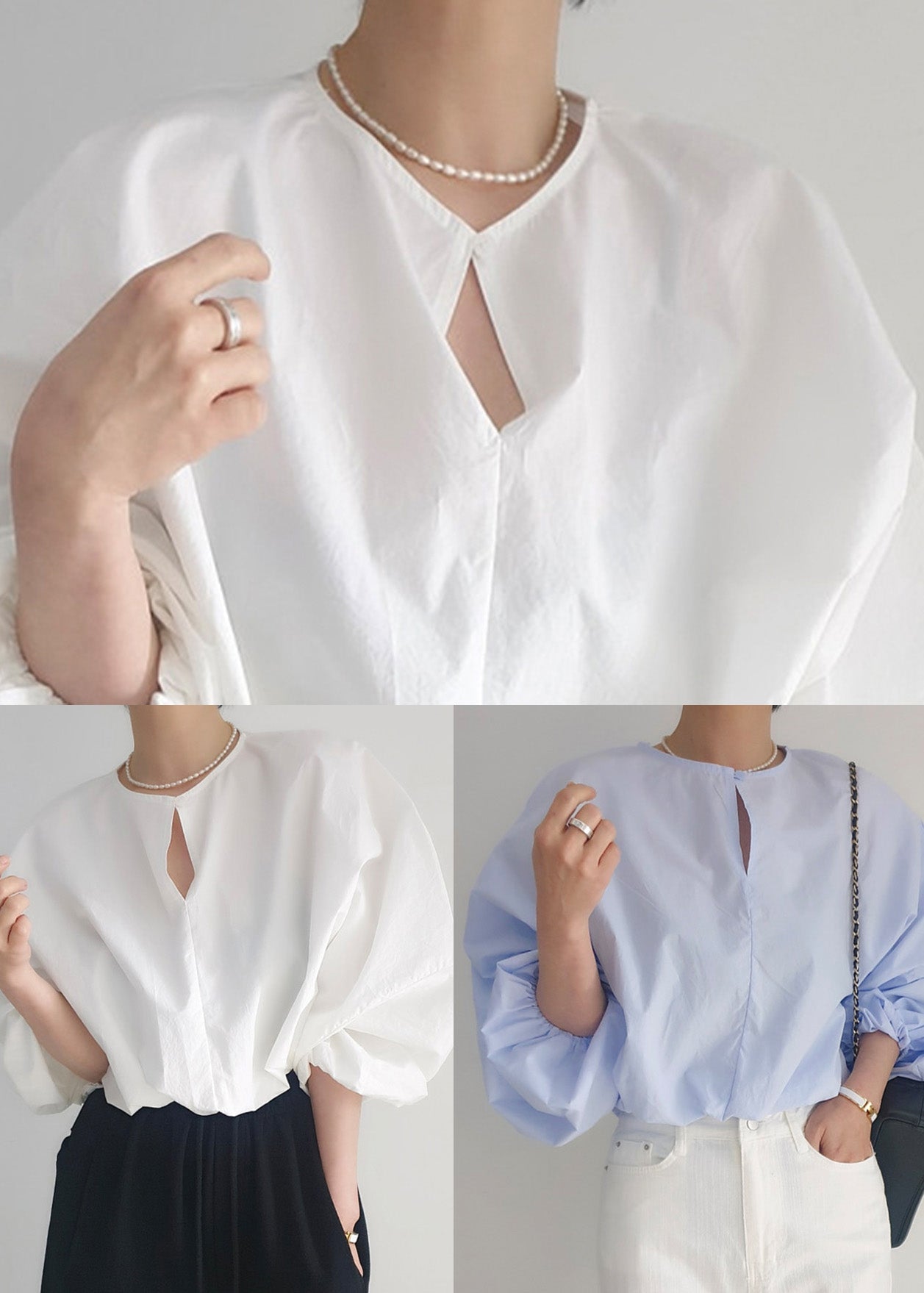 Blue Loose Out O-Neck Puff Light Hollow Shirts Sleeve
