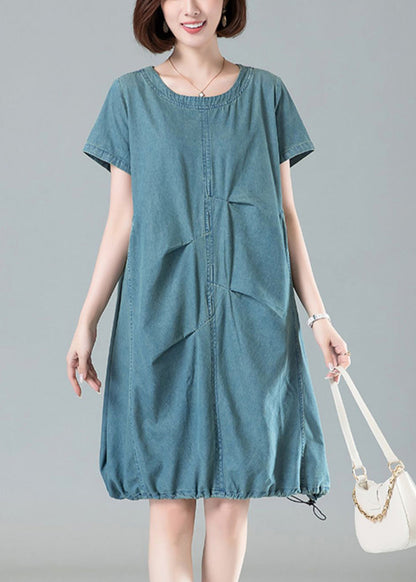 Light Blue Pockets Denim Dresses O Neck Short Sleeve MN086