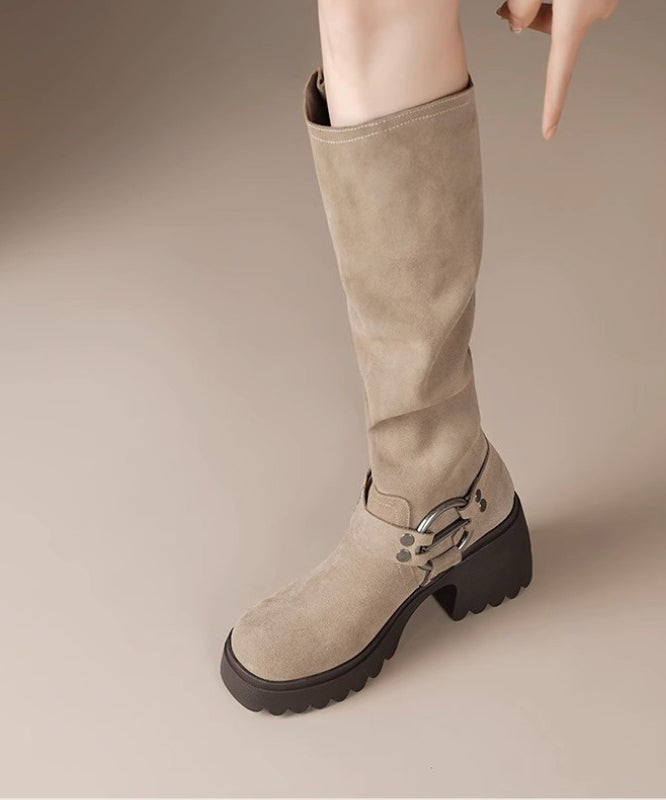 Splicing Camel Suede Chunky Light Boots Heel Buckle