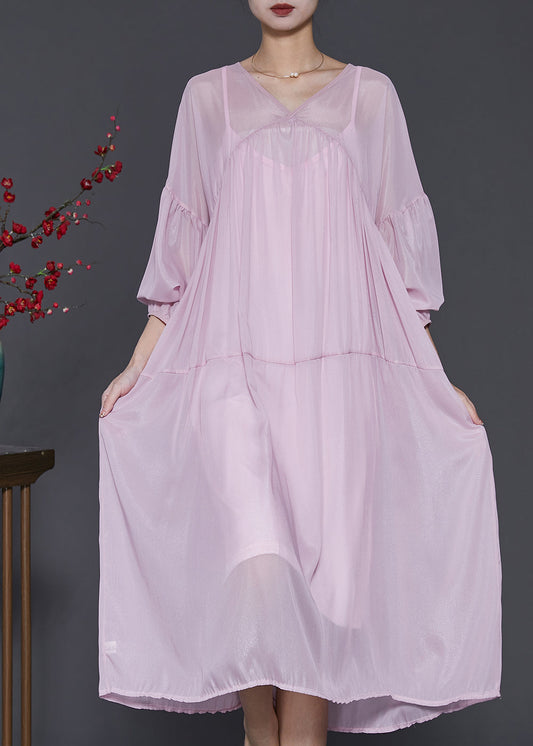 Robe en mousseline de soie violet clair, ensemble deux pièces, manches lanterne surdimensionnées SD1009