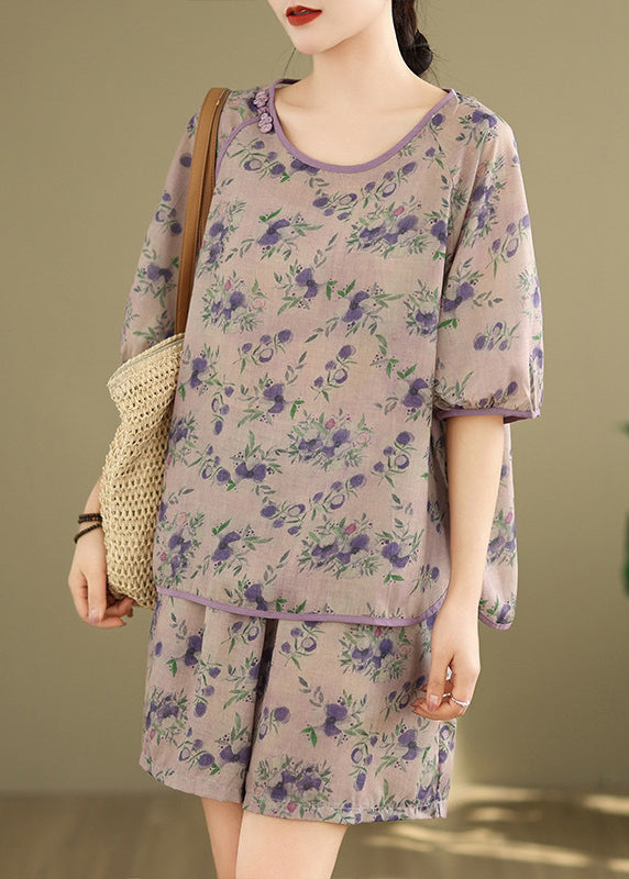 Shorts Set Light Print Purple Shirt Summer Pieces And Two
