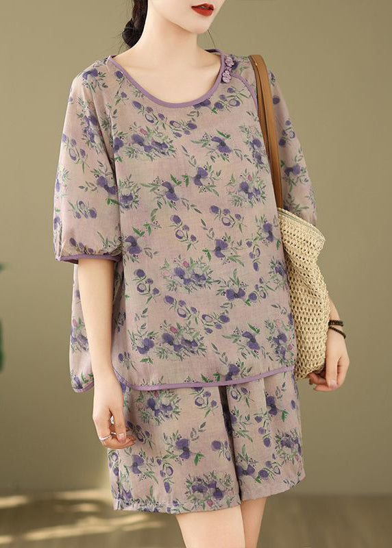 Shorts Set Light Print Purple Shirt Summer Pieces And Two