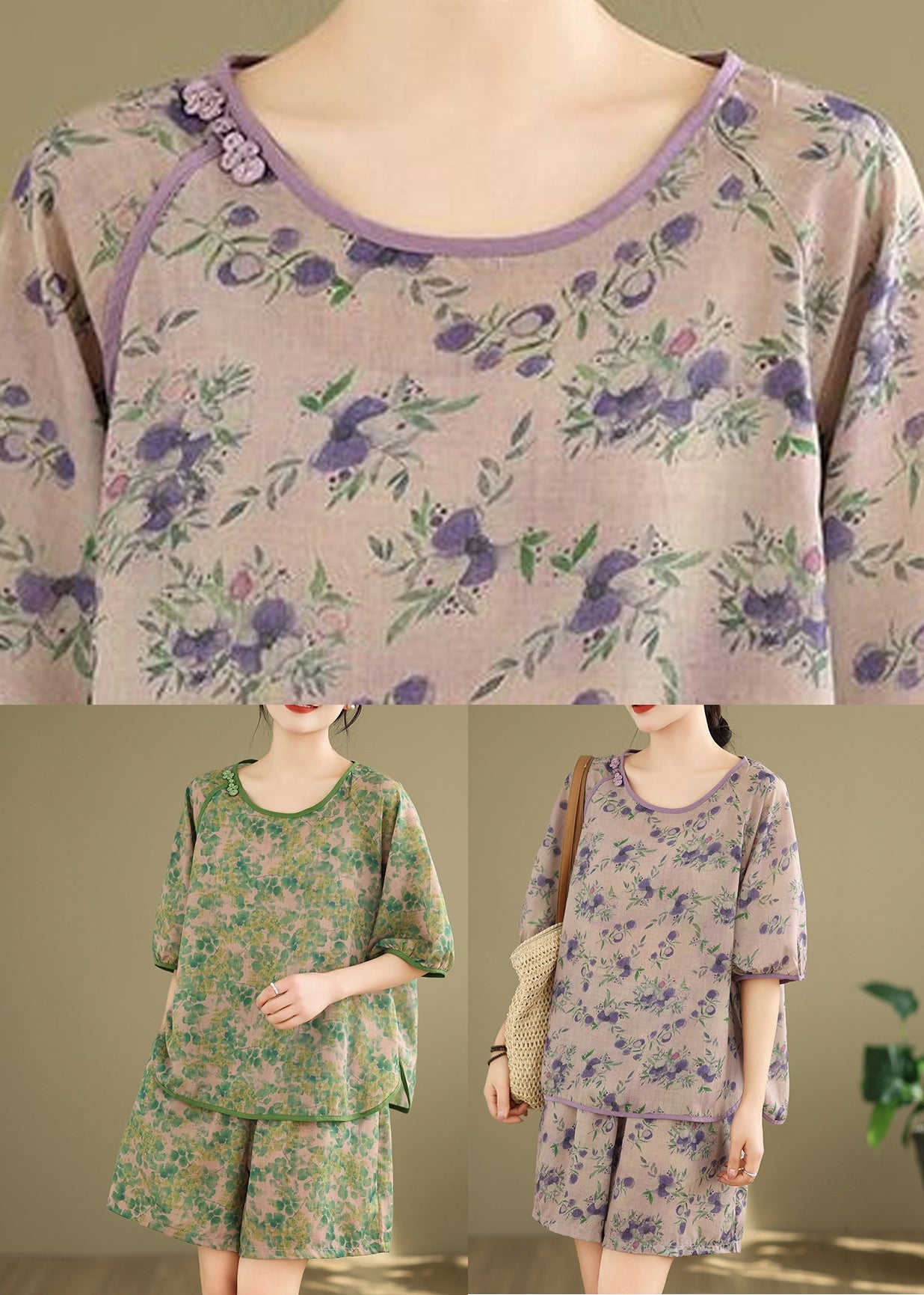 Shorts Set Light Print Purple Shirt Summer Pieces And Two