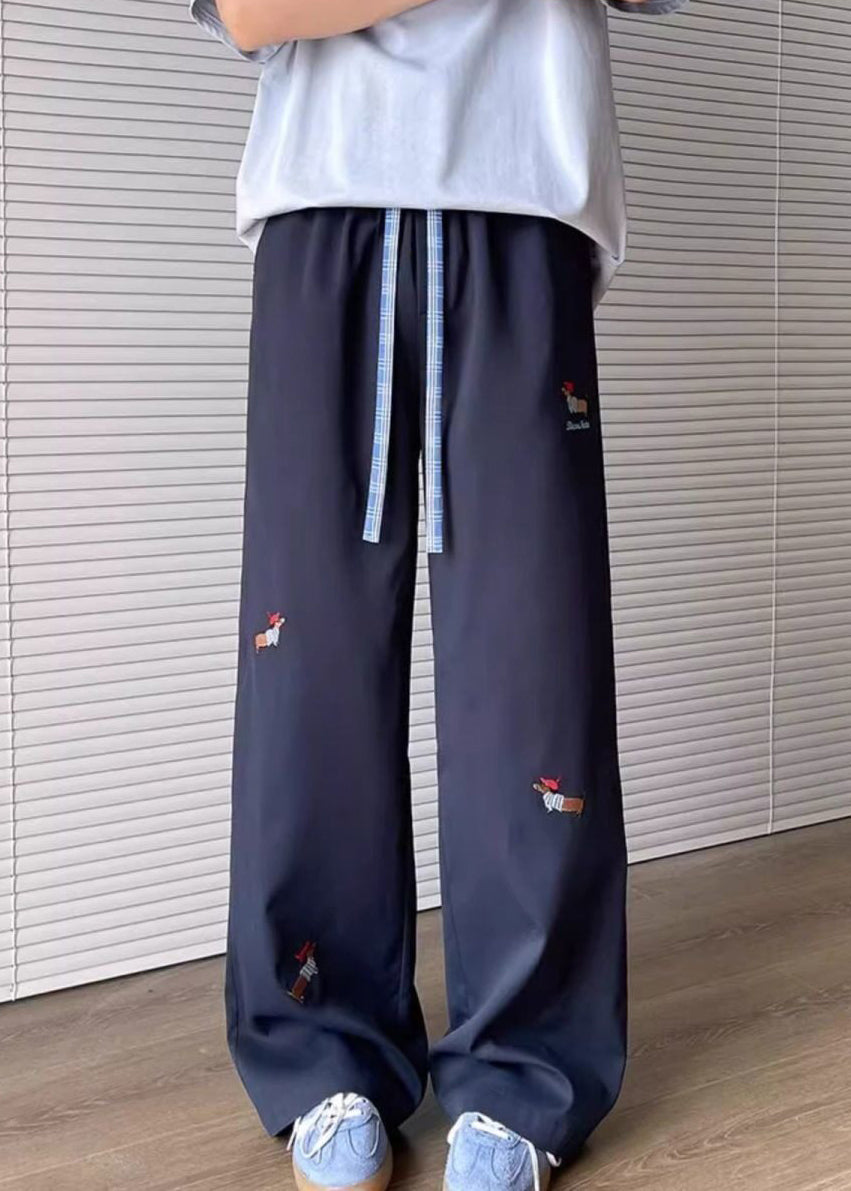 Embroideried Apricot Drawstring Mens Pockets Loose Pants Cotton