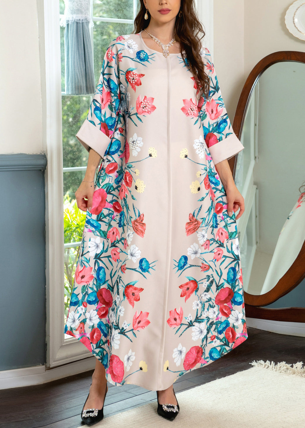 Robe ample en coton imprimé abricot à col rond, printemps AA1020